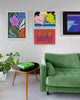 bold coloured living room with a bright green sofa