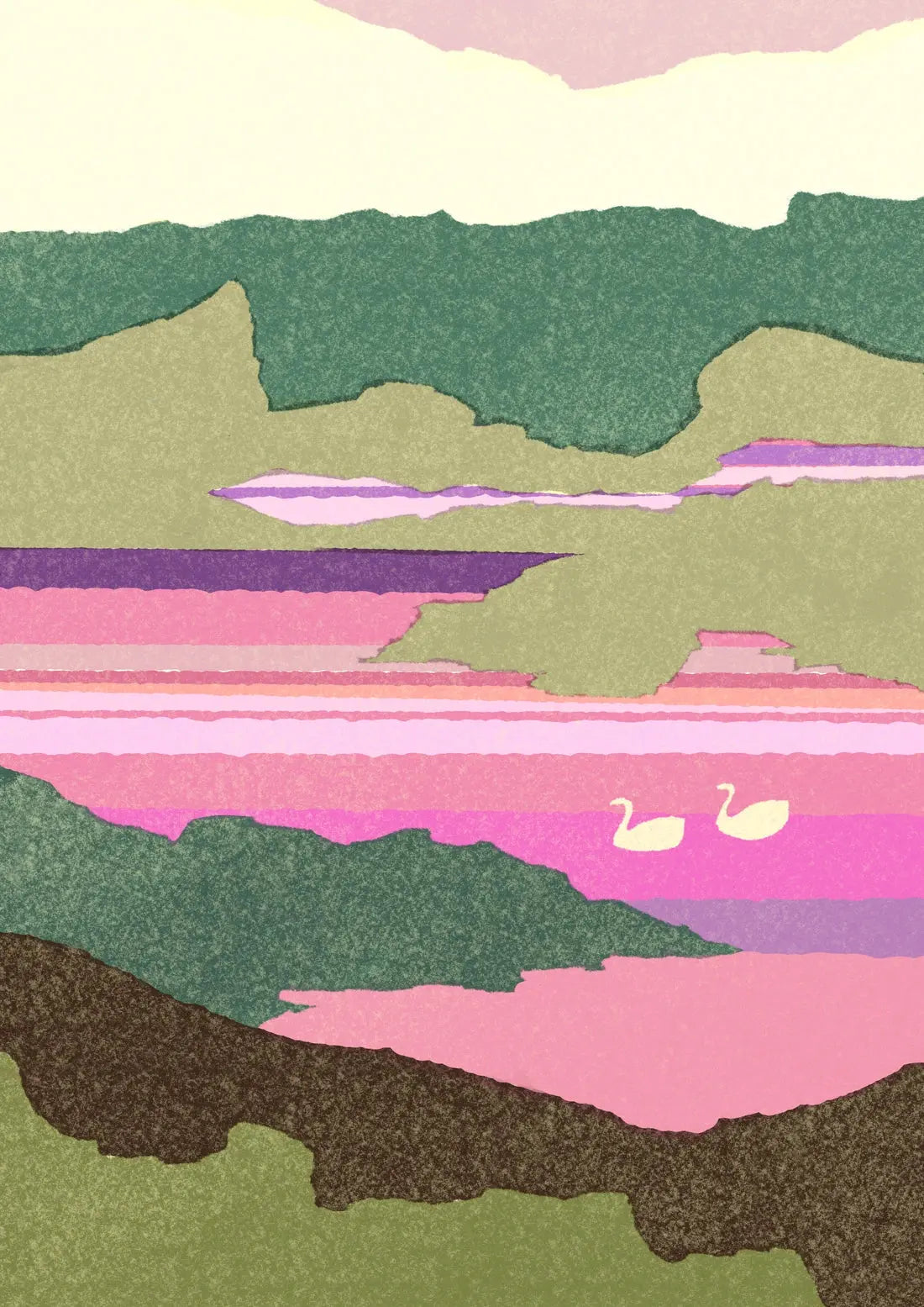 Colorful abstract landscape with swans and a lake.