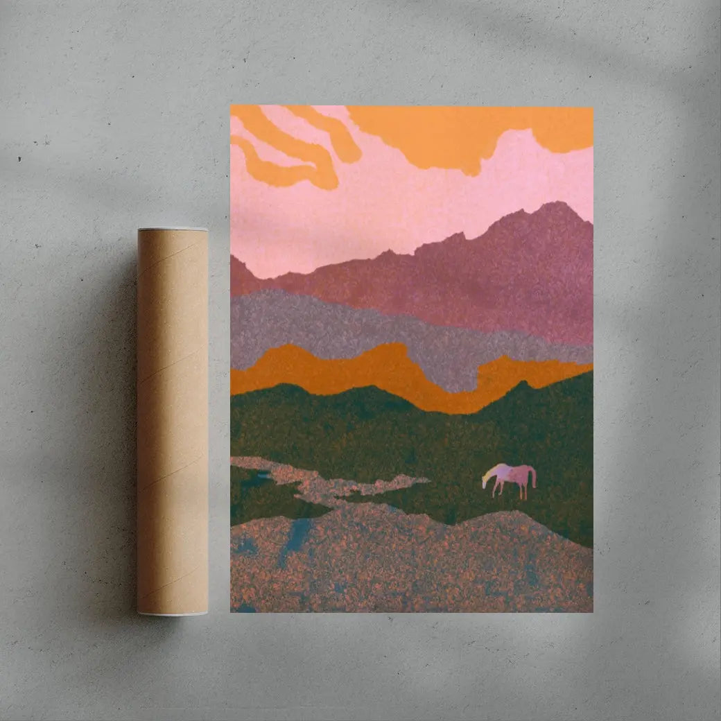 Art print of a mountain landscape with a horse on a gray surface