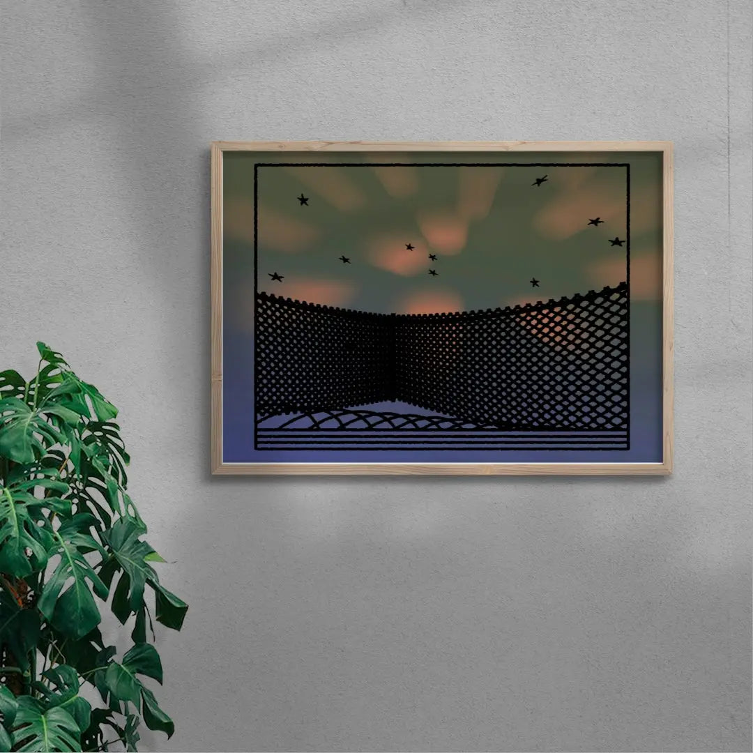 Framed artwork of a geometric landscape with birds on a gray wall.