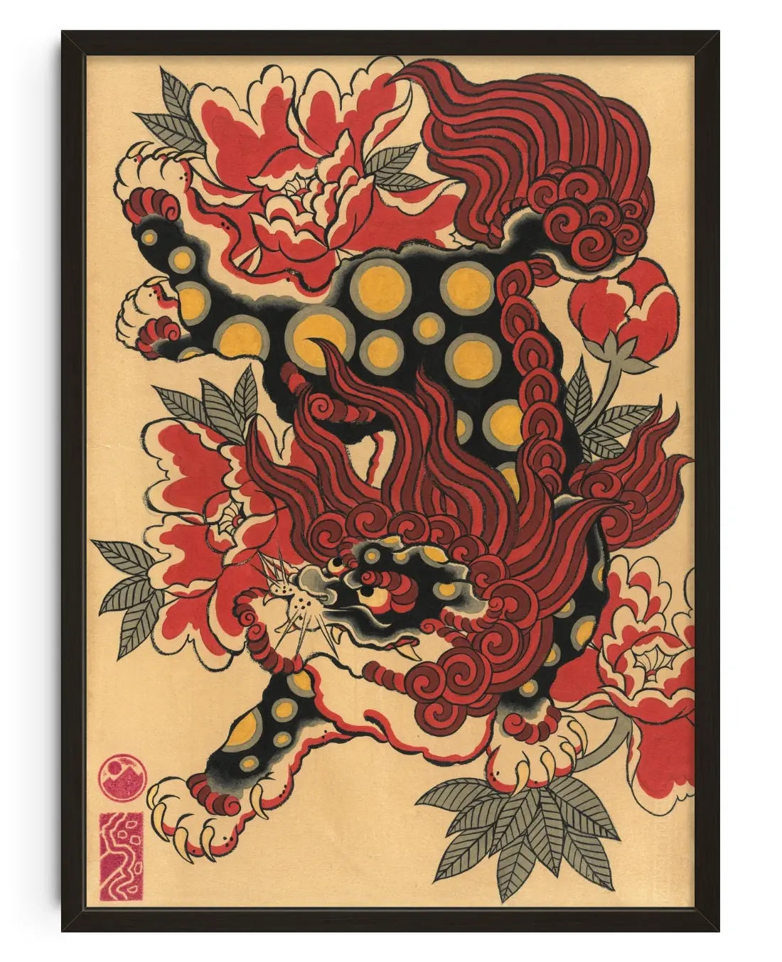 Karajishi & Peonies contemporary art print by Filipe Rocha - sold by DROOL