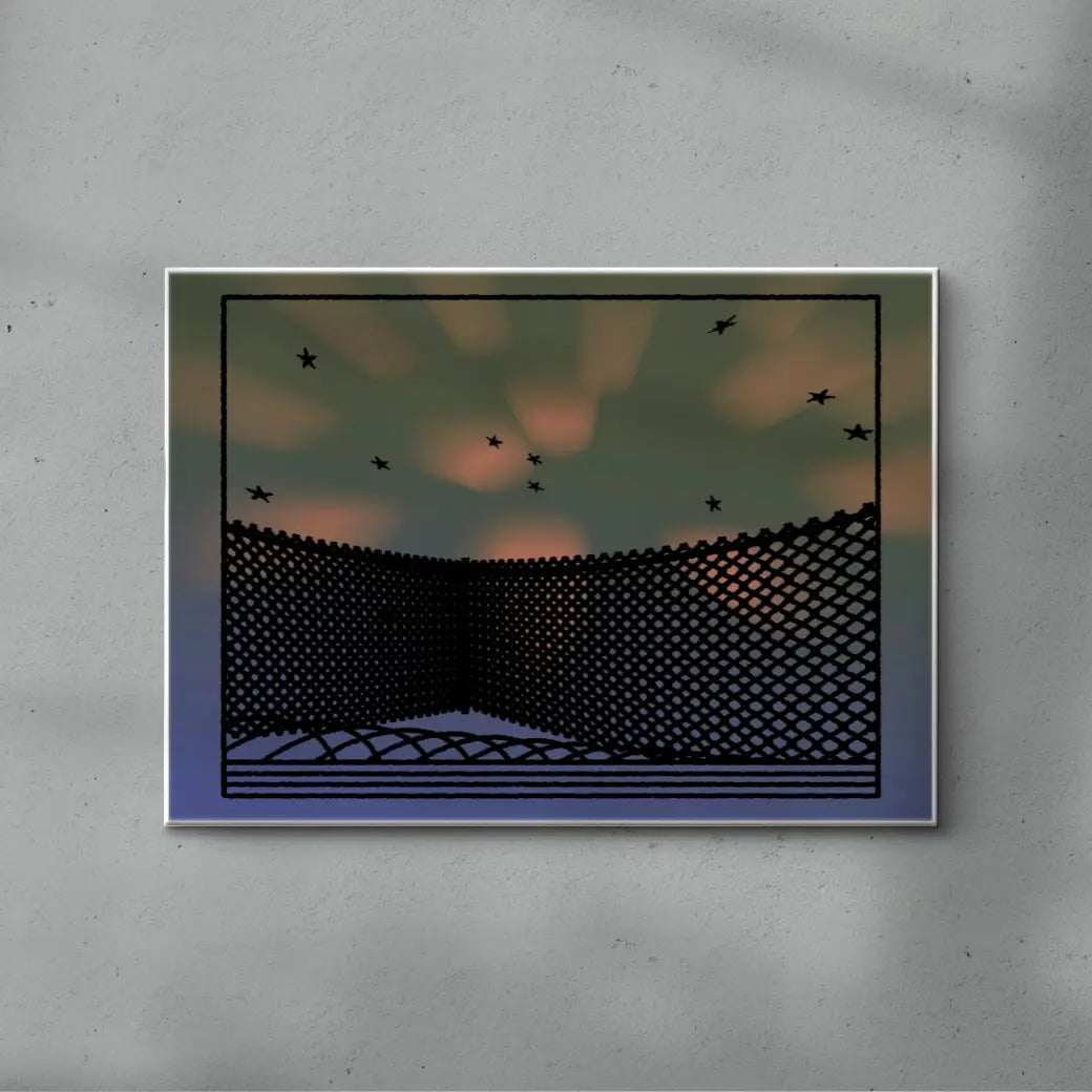 Framed artwork of a landscape with a fence and sunset on a textured wall.