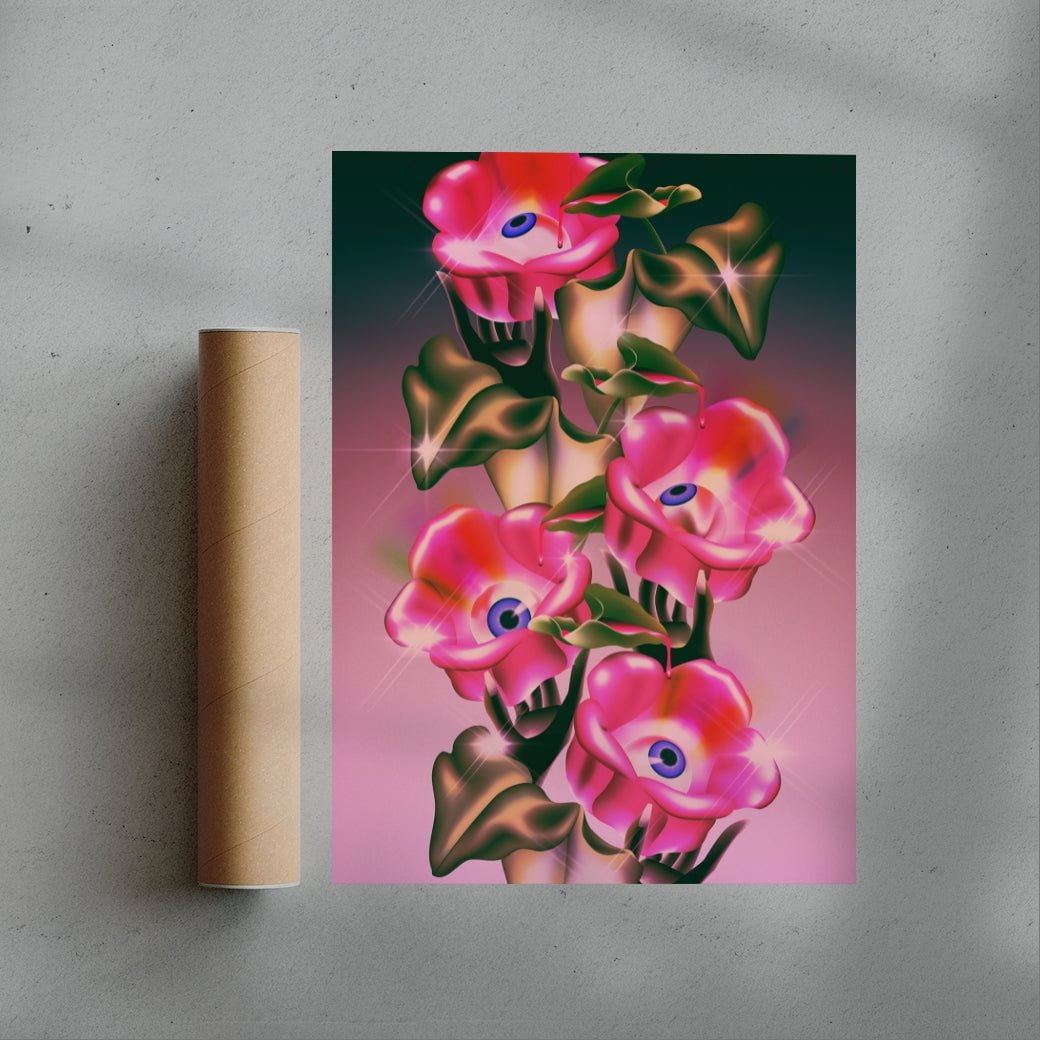 Eyes, Hands, & Pink Flowers contemporary wall art print by Paulina Almira - sold by DROOL