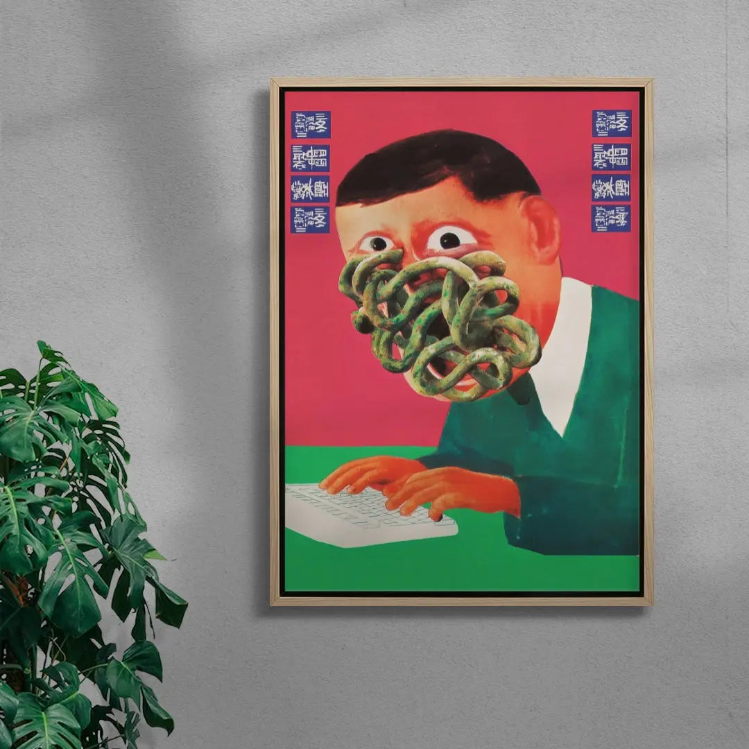 Framed artwork of a person with a computer keyboard in their mouth on a pink background.