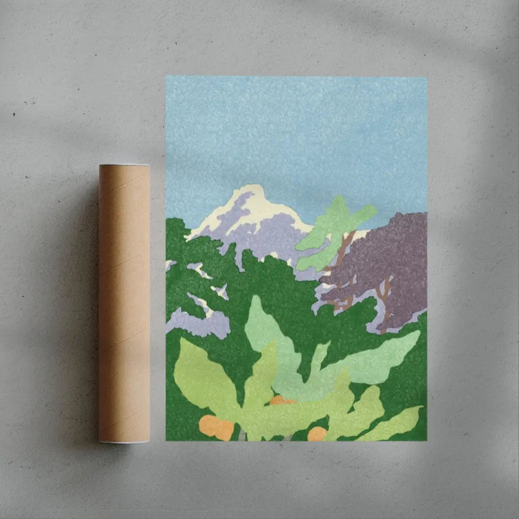 Art print of a mountain landscape on a gray surface with a cardboard tube.