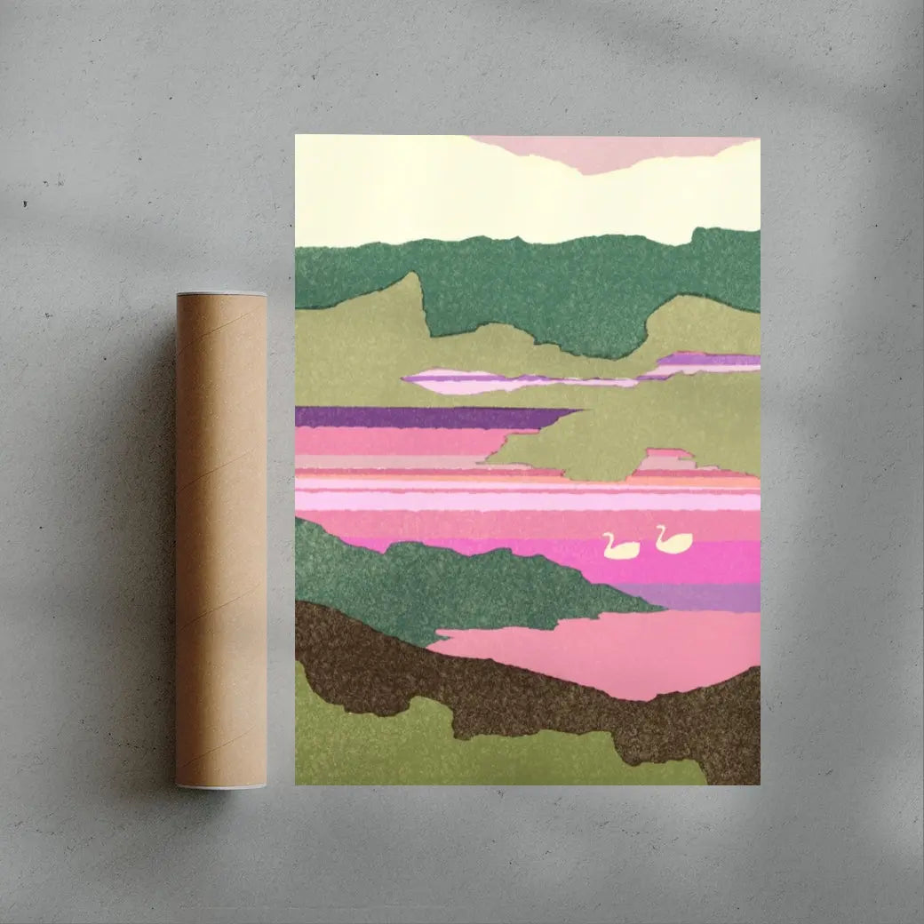 Art print of a landscape with swans and a roll of paper on a gray background