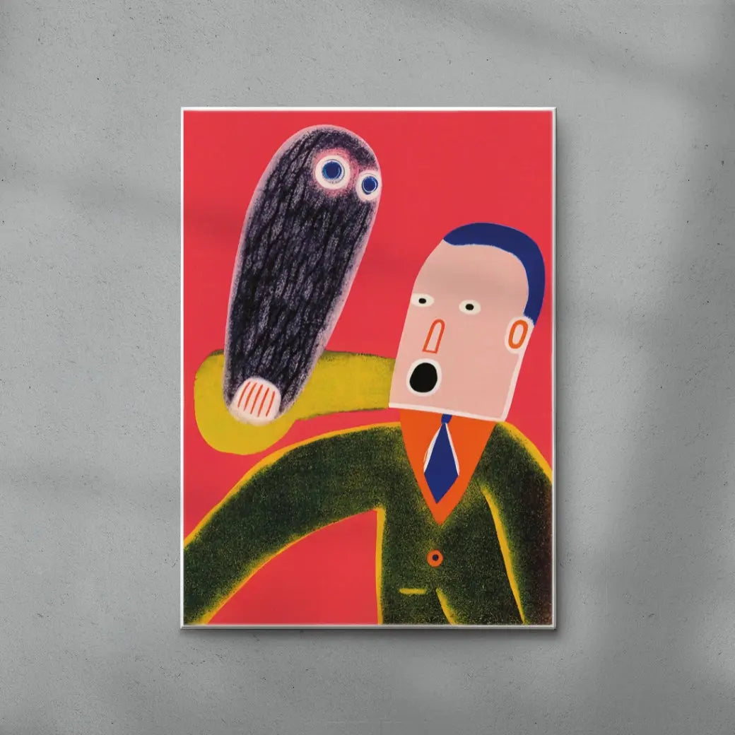Illustration of a person with a large black object over their head on a red background