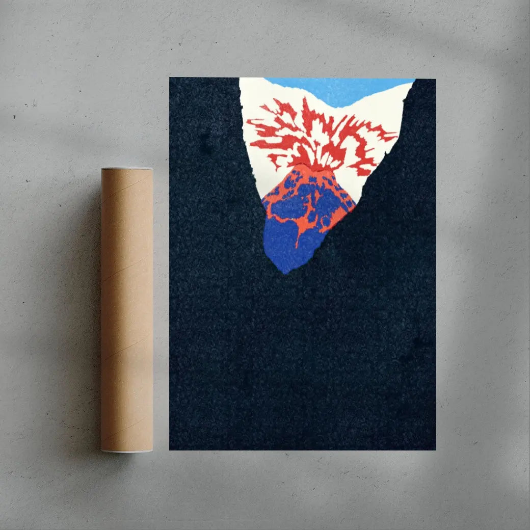Art print with abstract design on a dark background next to a cardboard tube on a gray surface