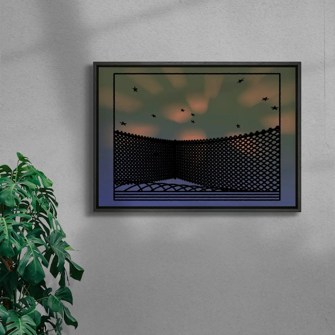 Framed artwork of a geometric landscape with birds on a gray wall.
