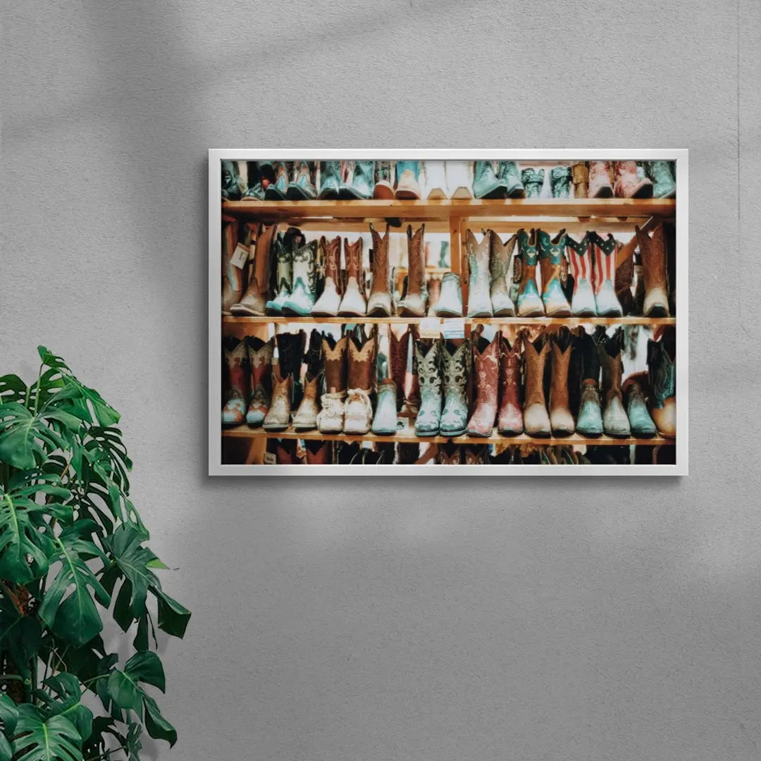 Wall Of Boots contemporary wall art print by Kelsey Smith - sold by DROOL