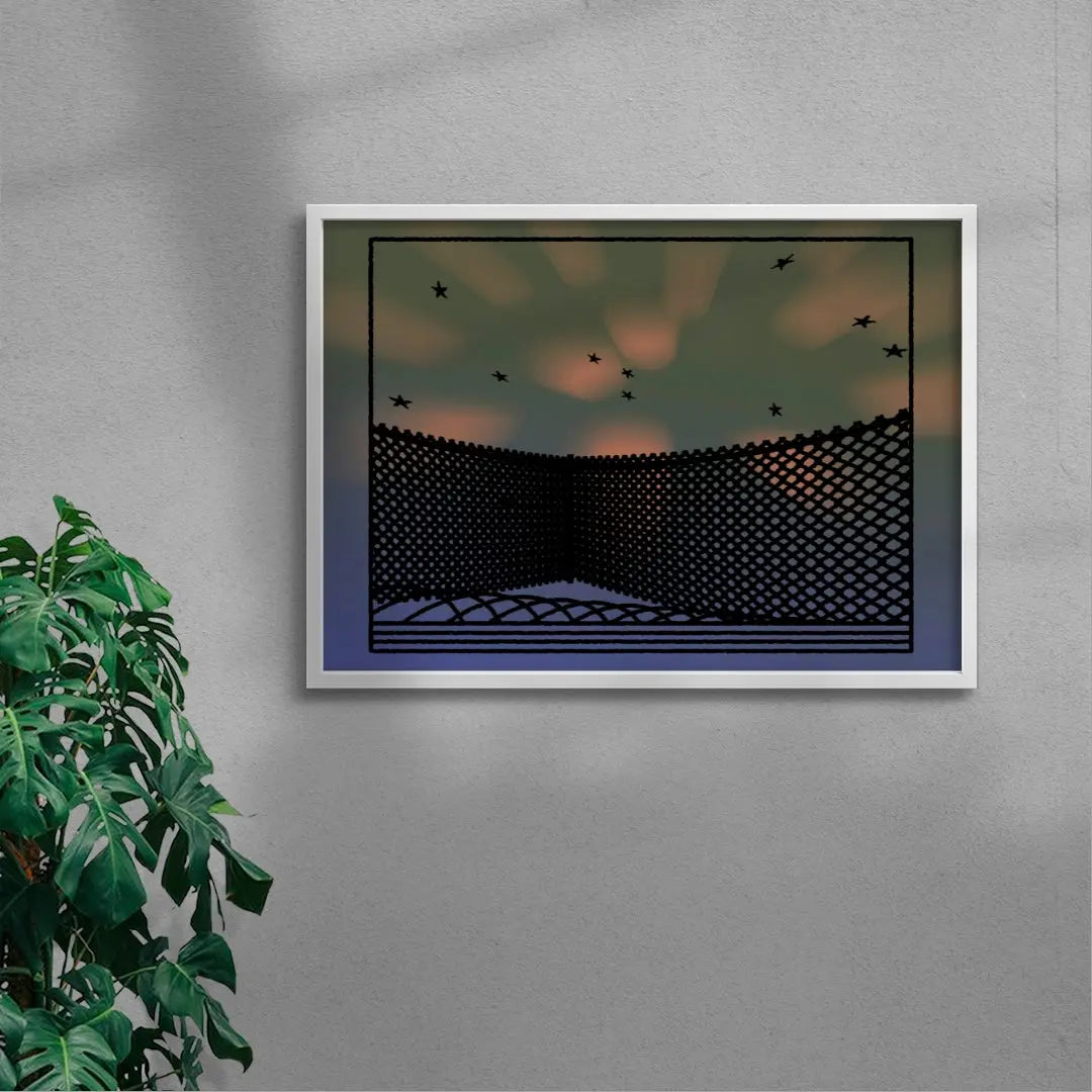 Framed artwork of a landscape with a fence and birds on a gray wall.