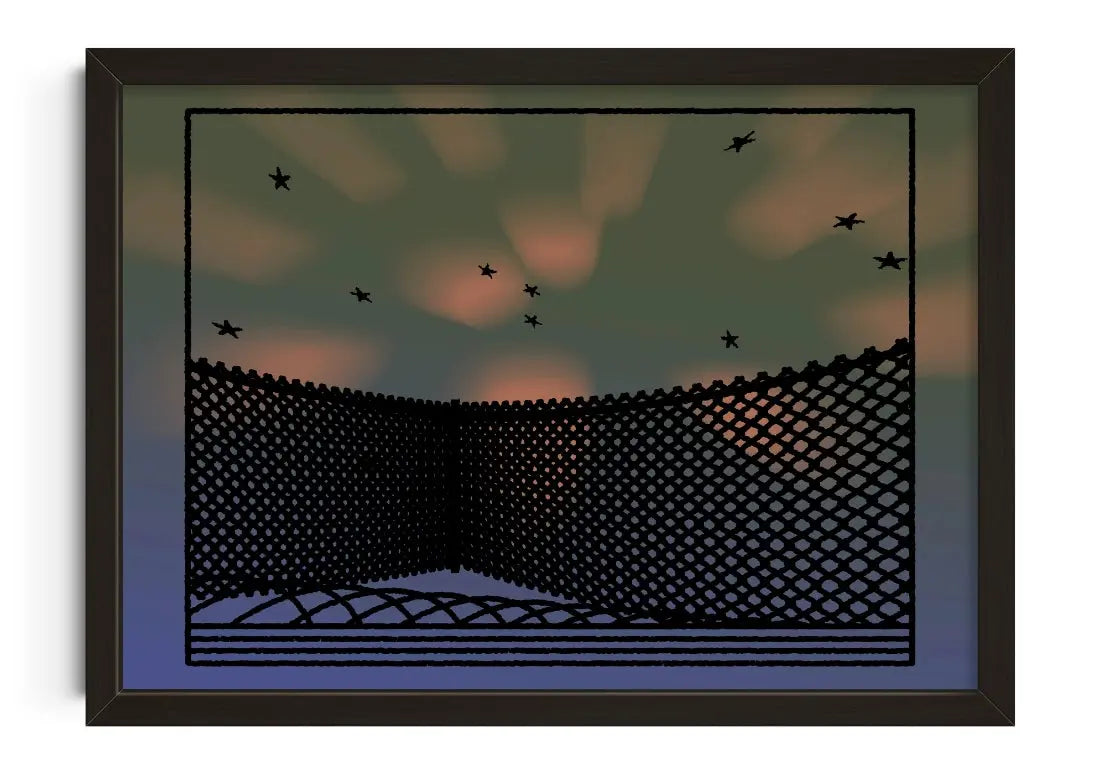 Framed artwork of a geometric pattern with birds against a dark background