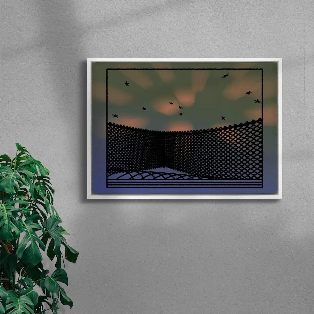 Framed artwork on a gray wall with a plant to the left.