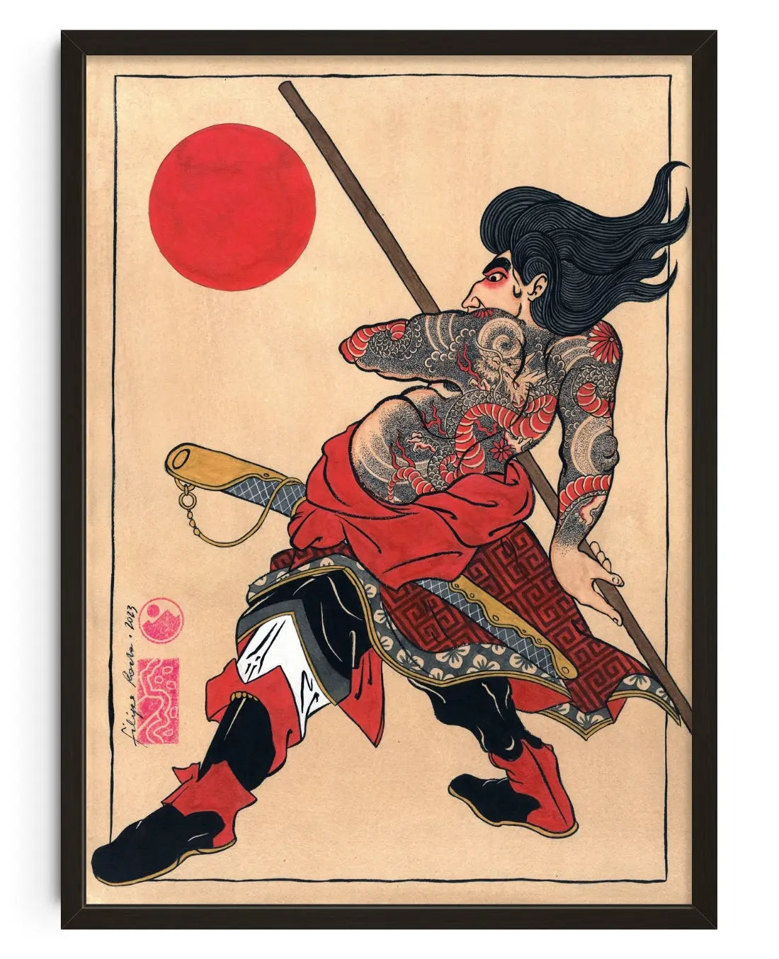 Tattooed Samurai & Dragon contemporary art print by Filipe Rocha - sold by DROOL