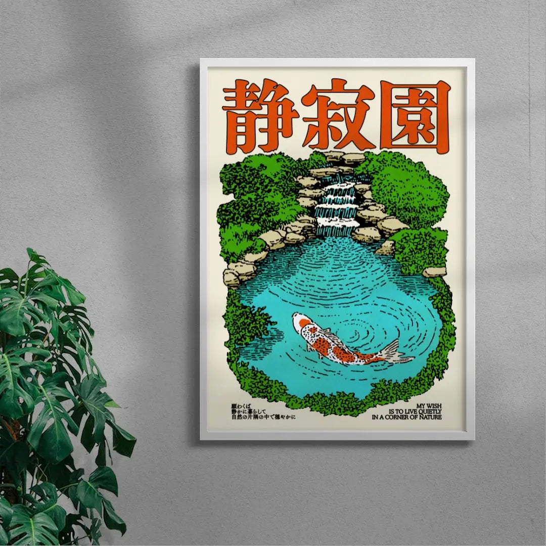 Framed artwork of a koi fish in a pond with a waterfall and greenery on a gray wall.