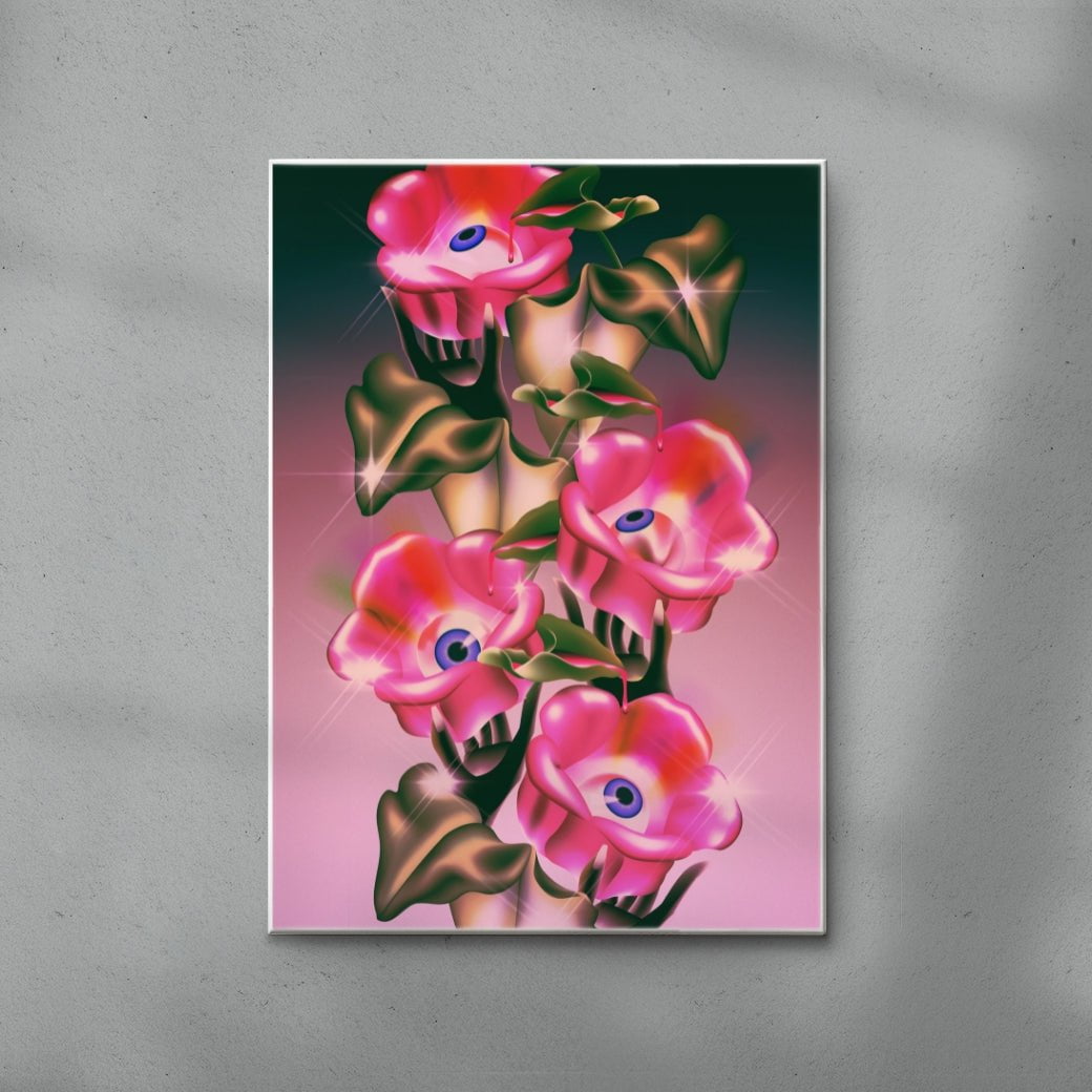 Eyes, Hands, & Pink Flowers contemporary wall art print by Paulina Almira - sold by DROOL