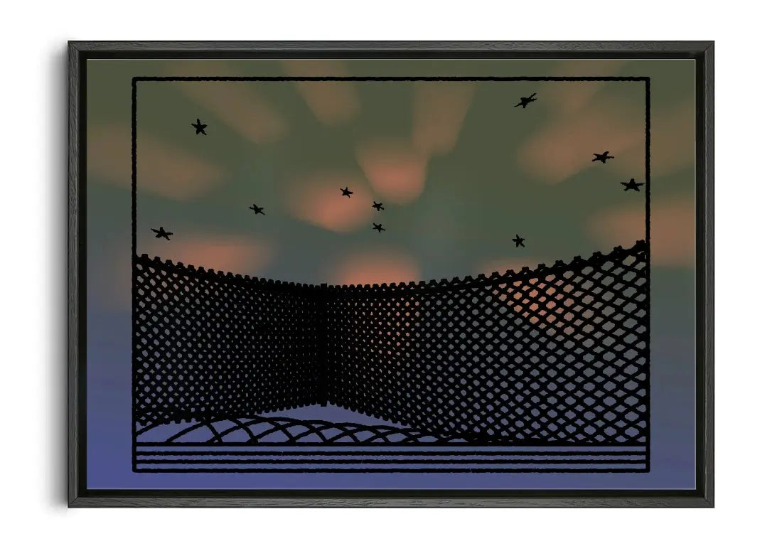 Framed artwork of a silhouette of a fence with birds against a sunset sky.
