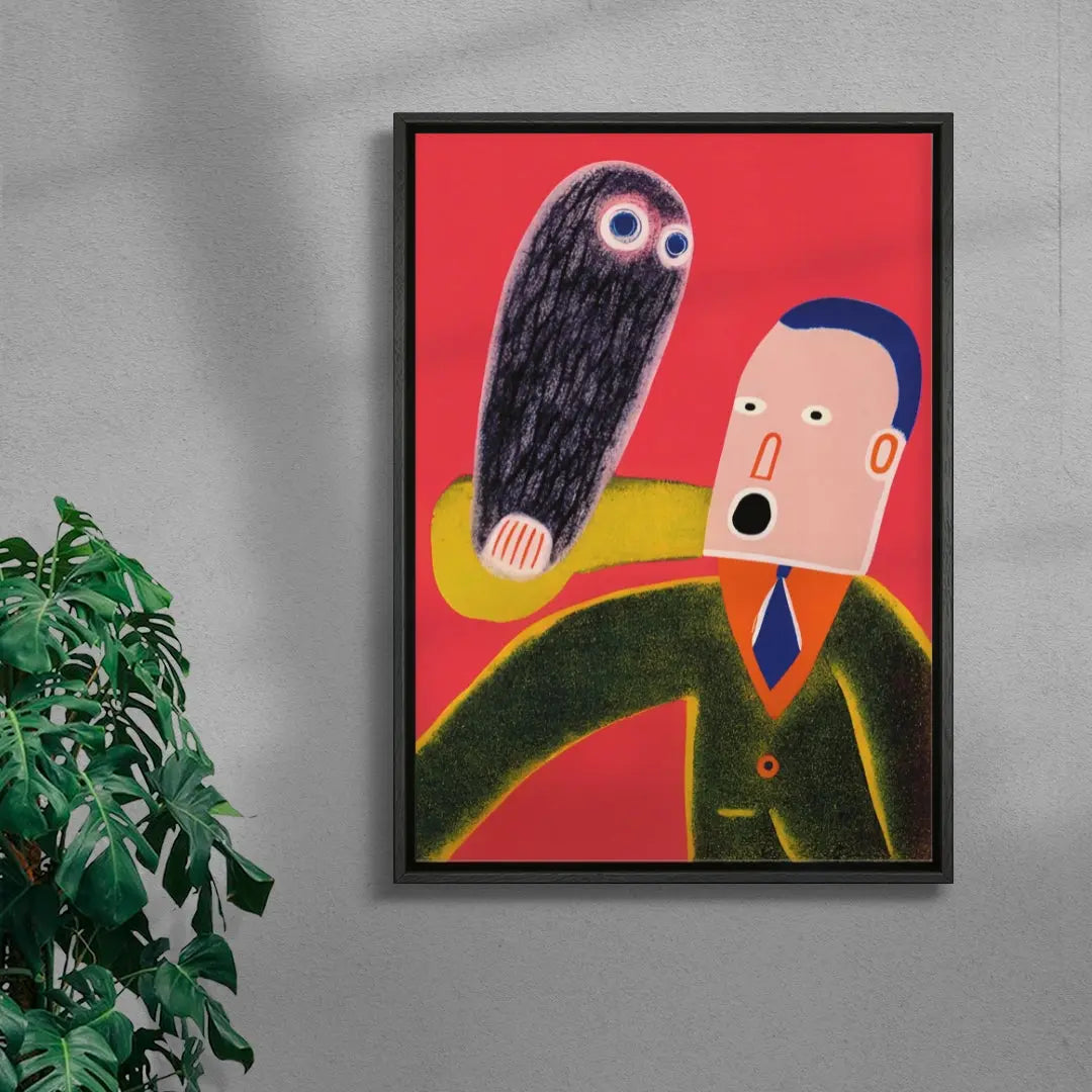 Framed artwork of a stylized figure with a large, dark, hair-like object on a red background, leaning against a gray wall with a plant to the left.