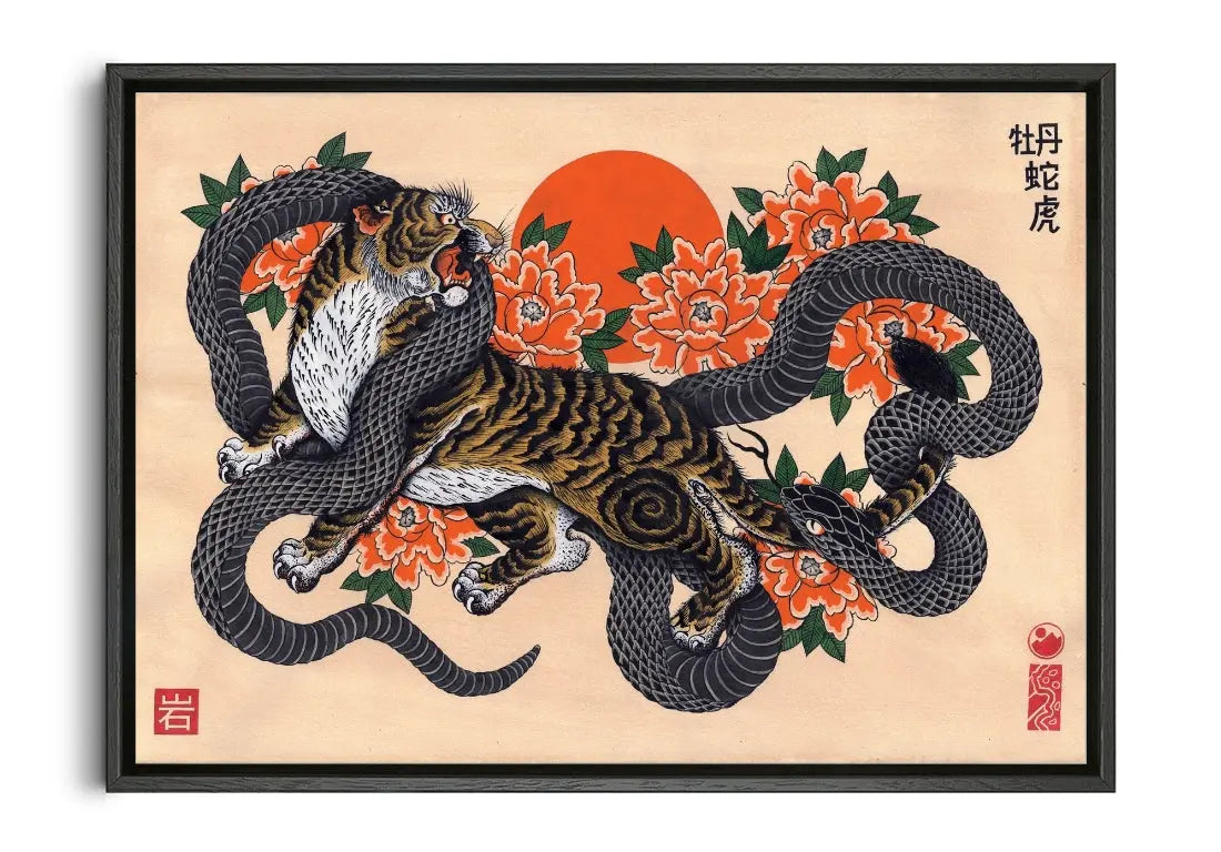 The Tiger, The Serpent & The Peonies contemporary canvas print by Filipe Rocha  - sold by DROOL