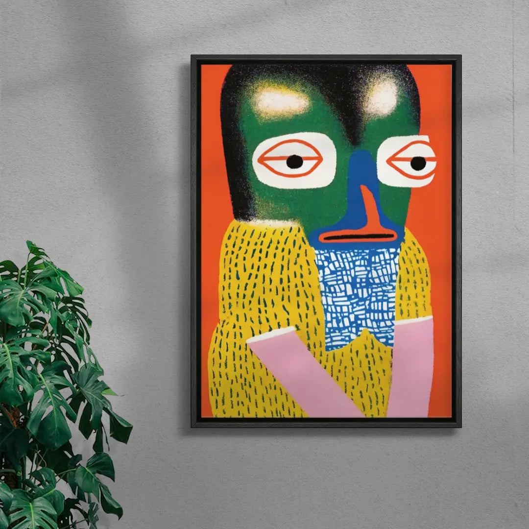Abstract artwork with colorful face and body on a gray wall with a plant to the left.