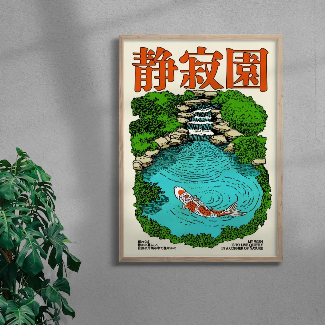 Framed artwork of a koi fish in a pond with a waterfall and greenery on a gray wall.