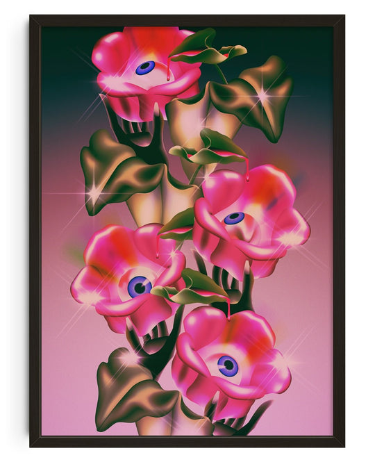 Augen, Hände und rosa Blumen