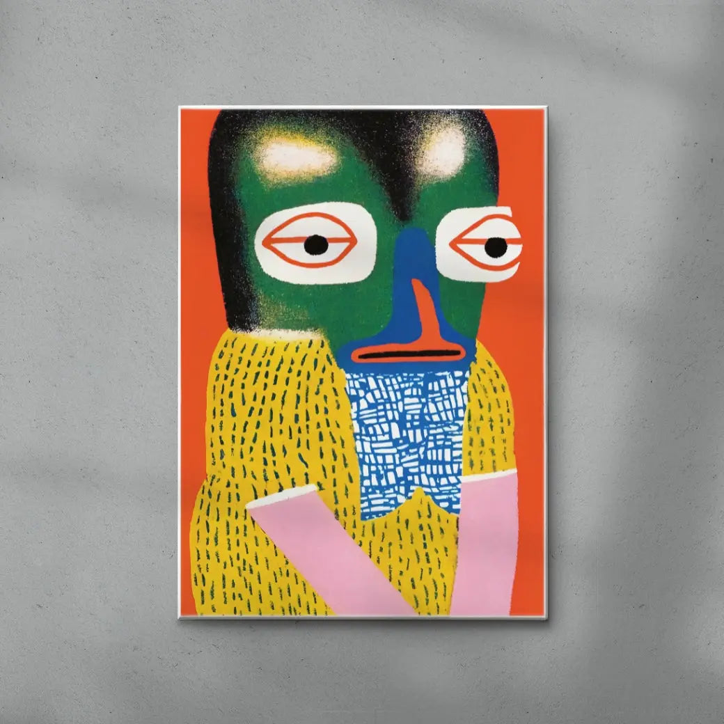 Abstract artwork with a colorful face and yellow body on an orange background
