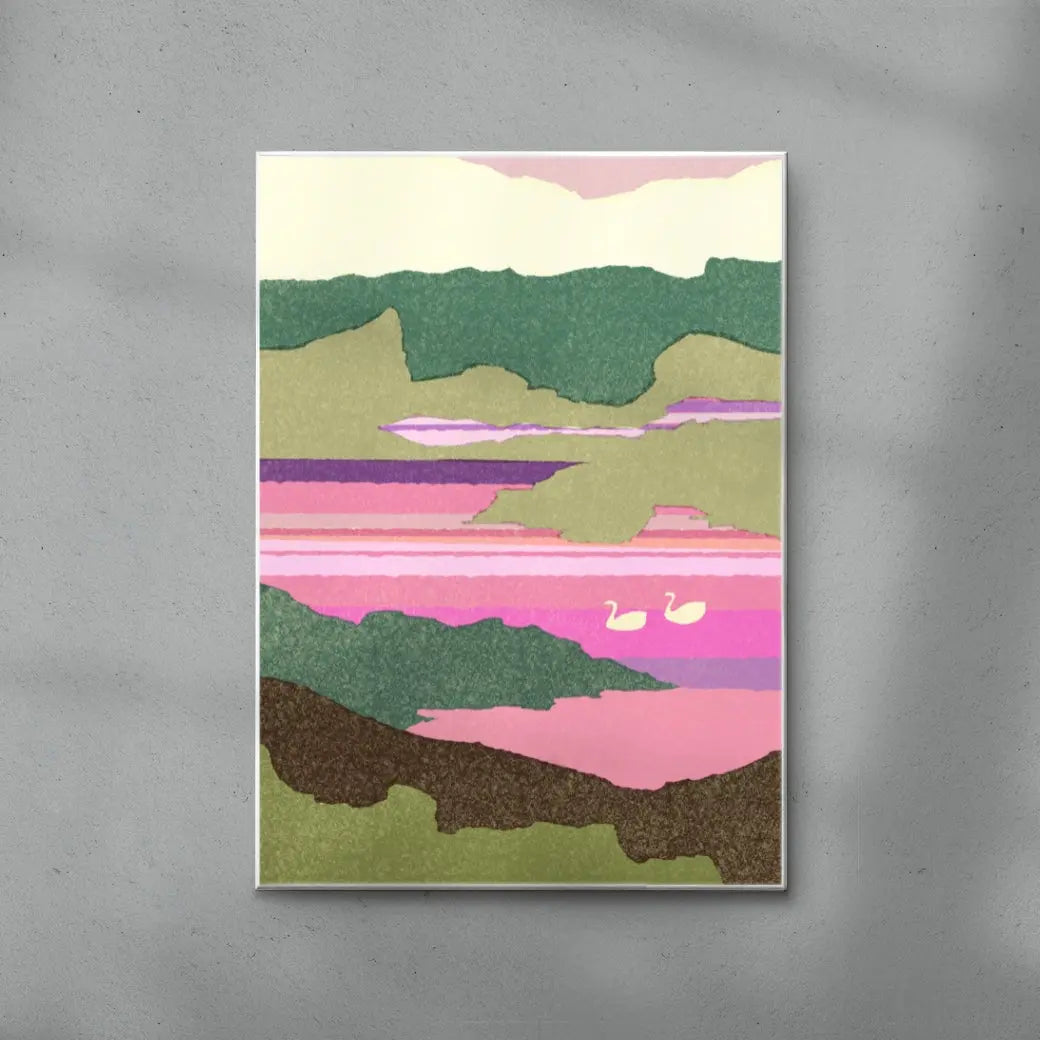 Art print of a stylized landscape with swans on a lake against a gray background