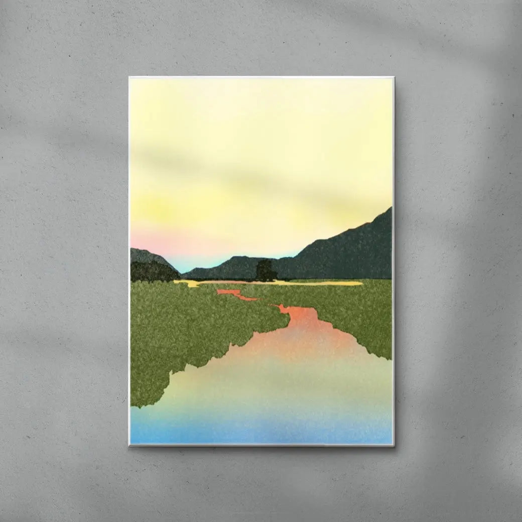 Art print of a landscape with mountains and a field on a textured gray background