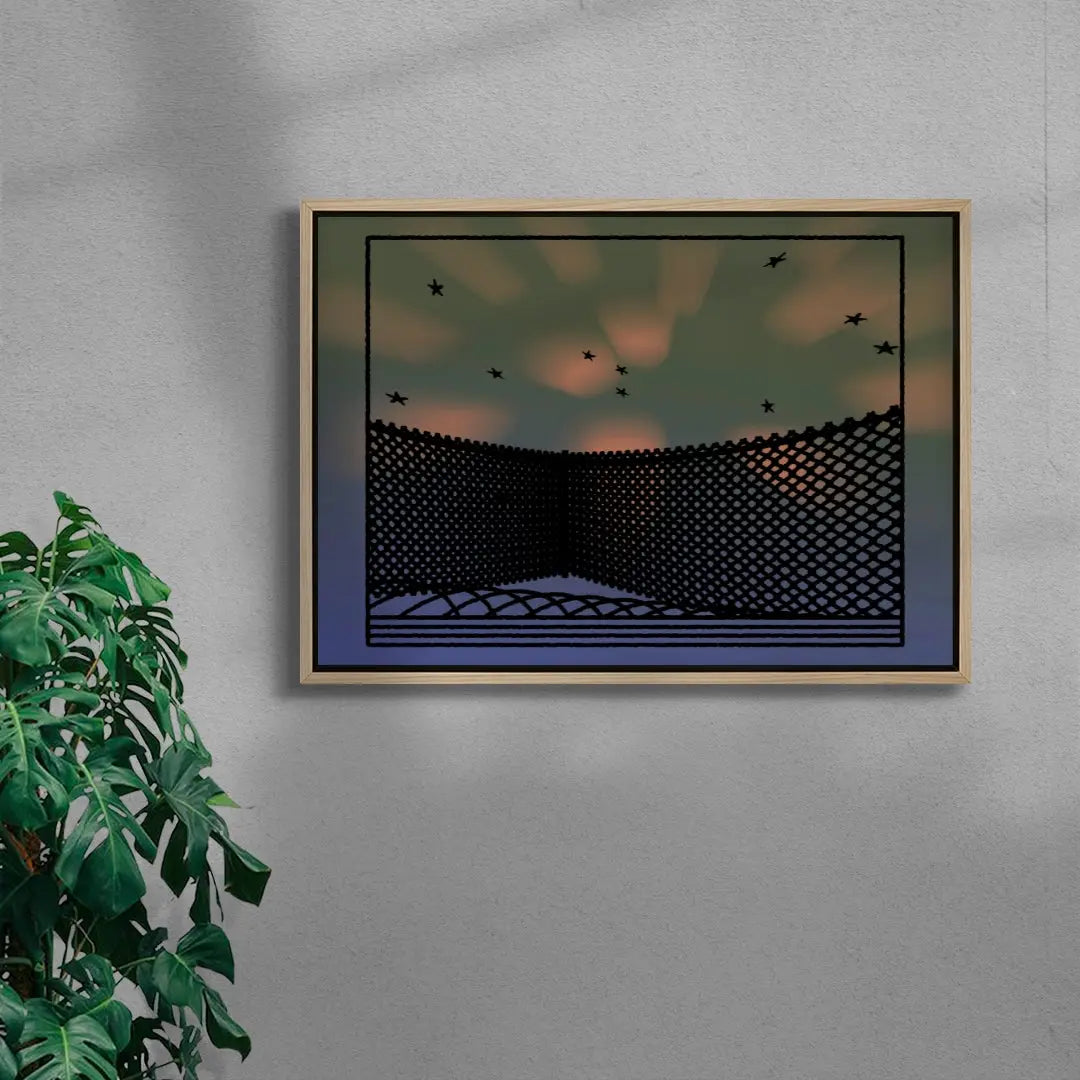 Framed artwork on a gray wall with a plant to the left.