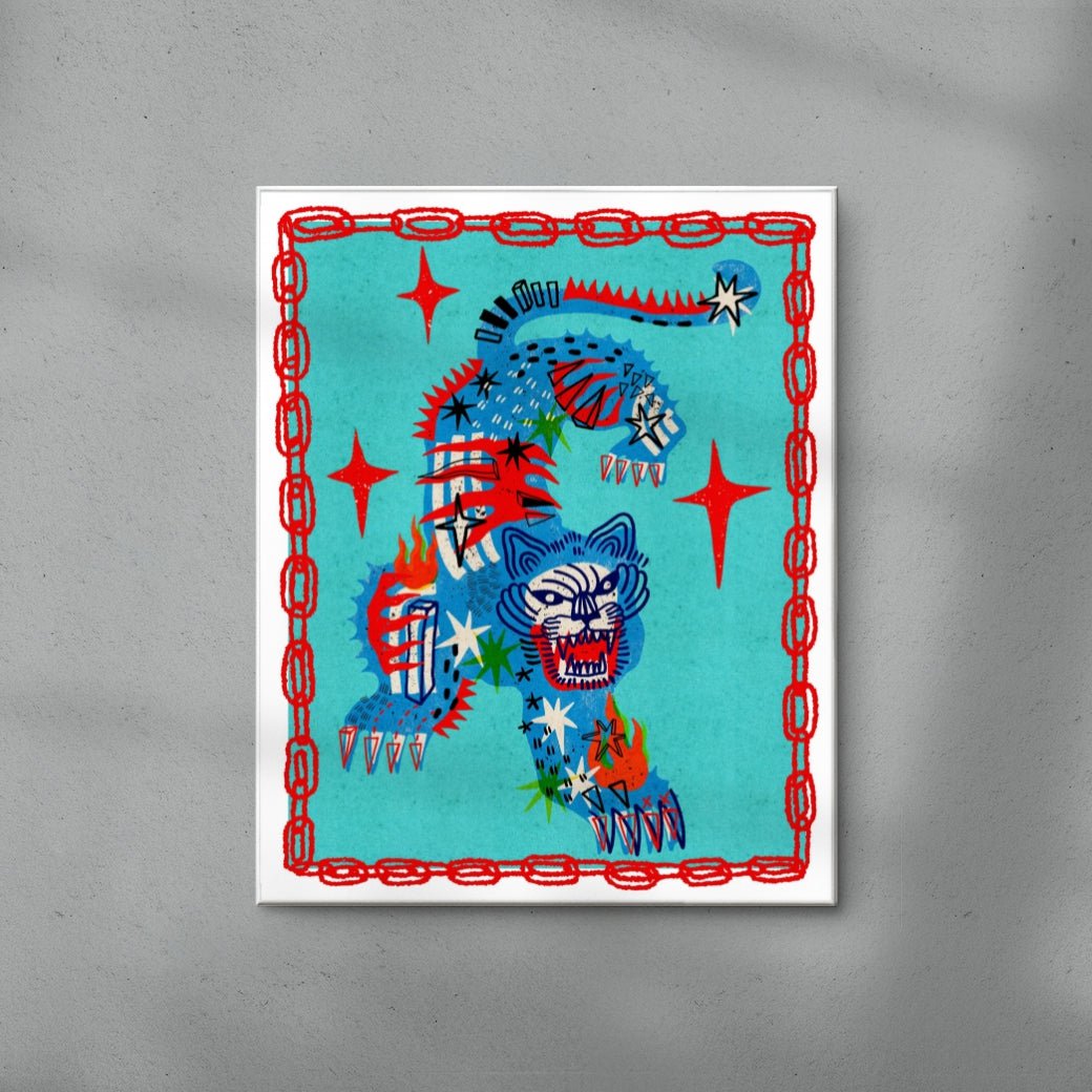 Tiger in Blue contemporary wall art print by Kwonny - sold by DROOL